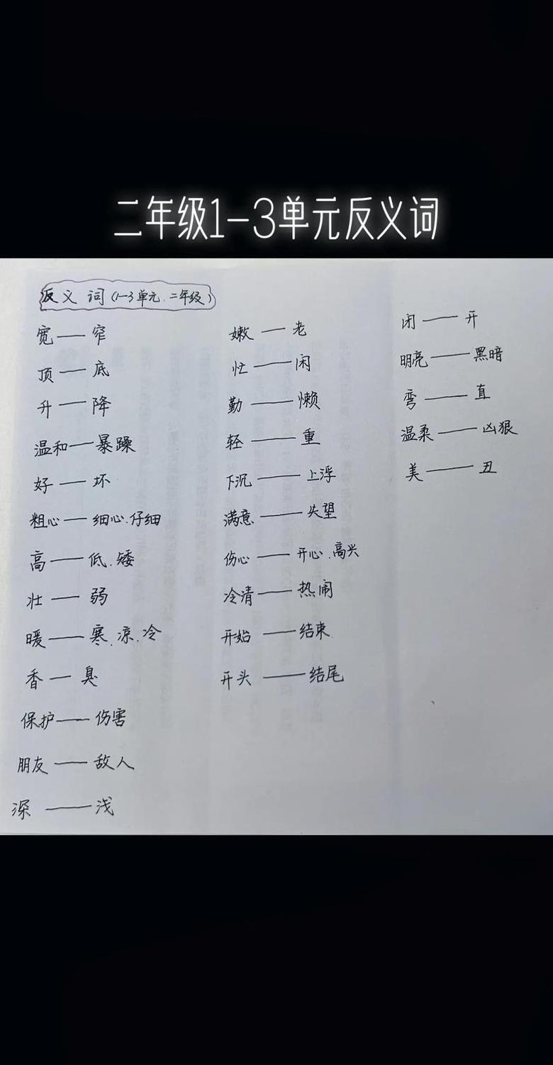 小学二年级反义词与同义词汇总