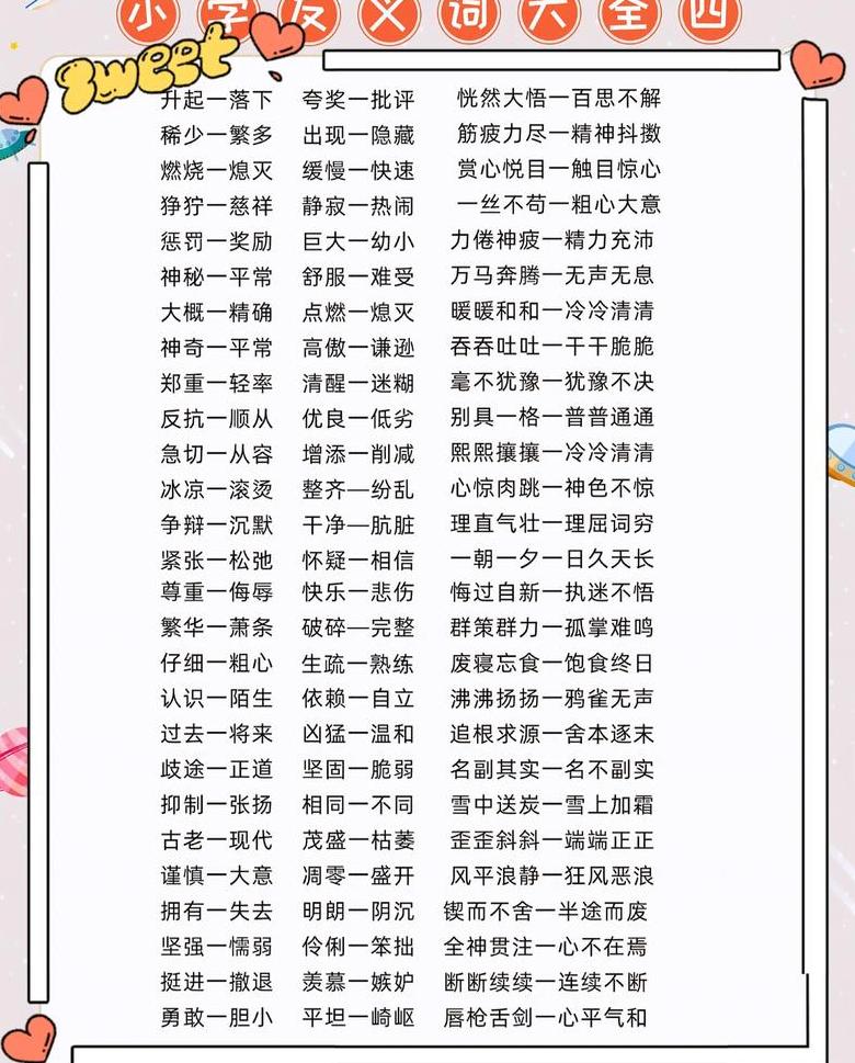 人教版二年级下册语文近反义词汇总及练习